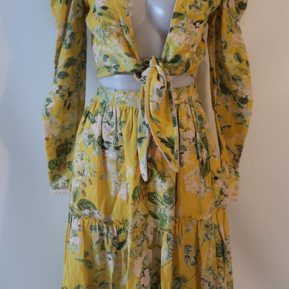 Womens Hemant & Nandita Yellow Green 2 Pc Set Floral Print Cropped Top Skirt S - Picture 8 of 16
